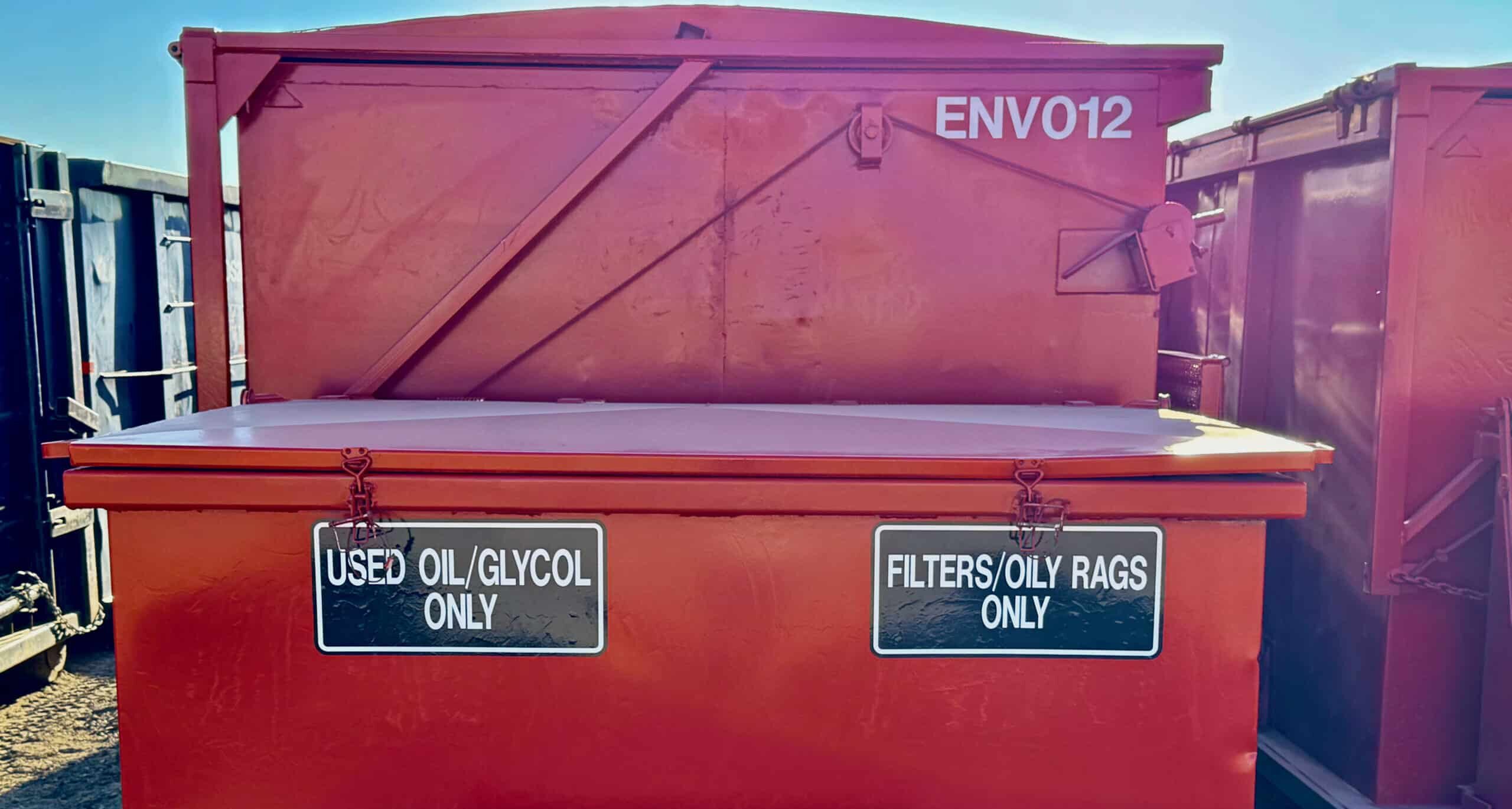 Elite Rental - Environmental Solid Waste Containment Enviro Bin with pre-sorted compartments for industrial waste, including used oil and oily rags.